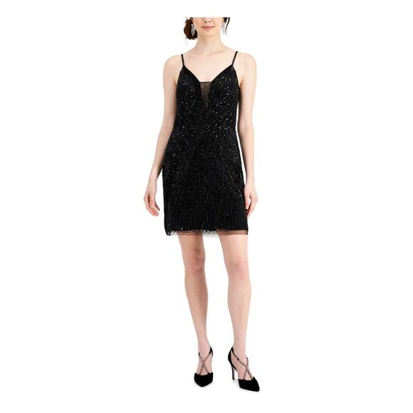 JKARA Womens Sequined Zippered Spaghetti Strap V Neck Mini Cocktail Sheath  Dress